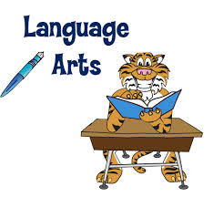 cartoon tiger seated at desk "Language Arts"